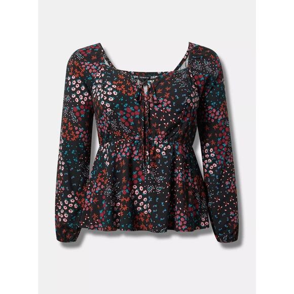 Torrid Peplum Challis Sweetheart Top, Black Floral Long Sleeve Peasant Blouse 3x - Picture 5 of 13